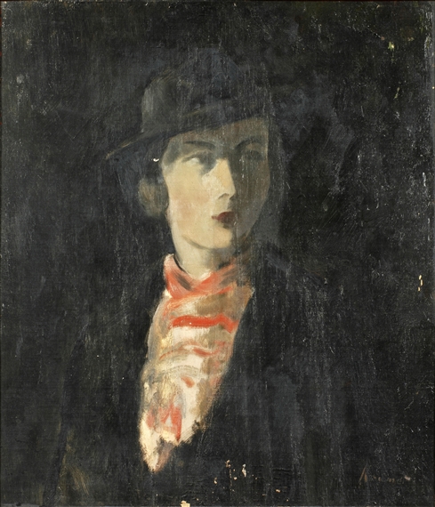 Portrait of a woman in a black hat by Jacob Kramer