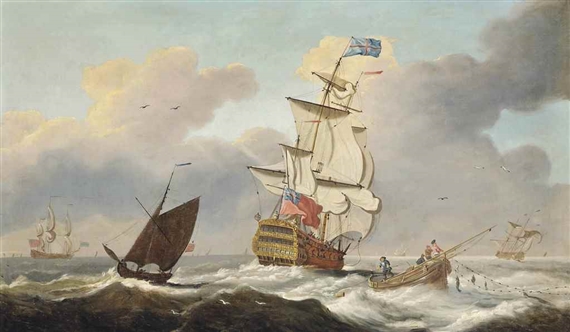 A two-decker of the Red Squadron running down the Channel leaving fishermen hauling in their catch in her wake by Francis Swaine