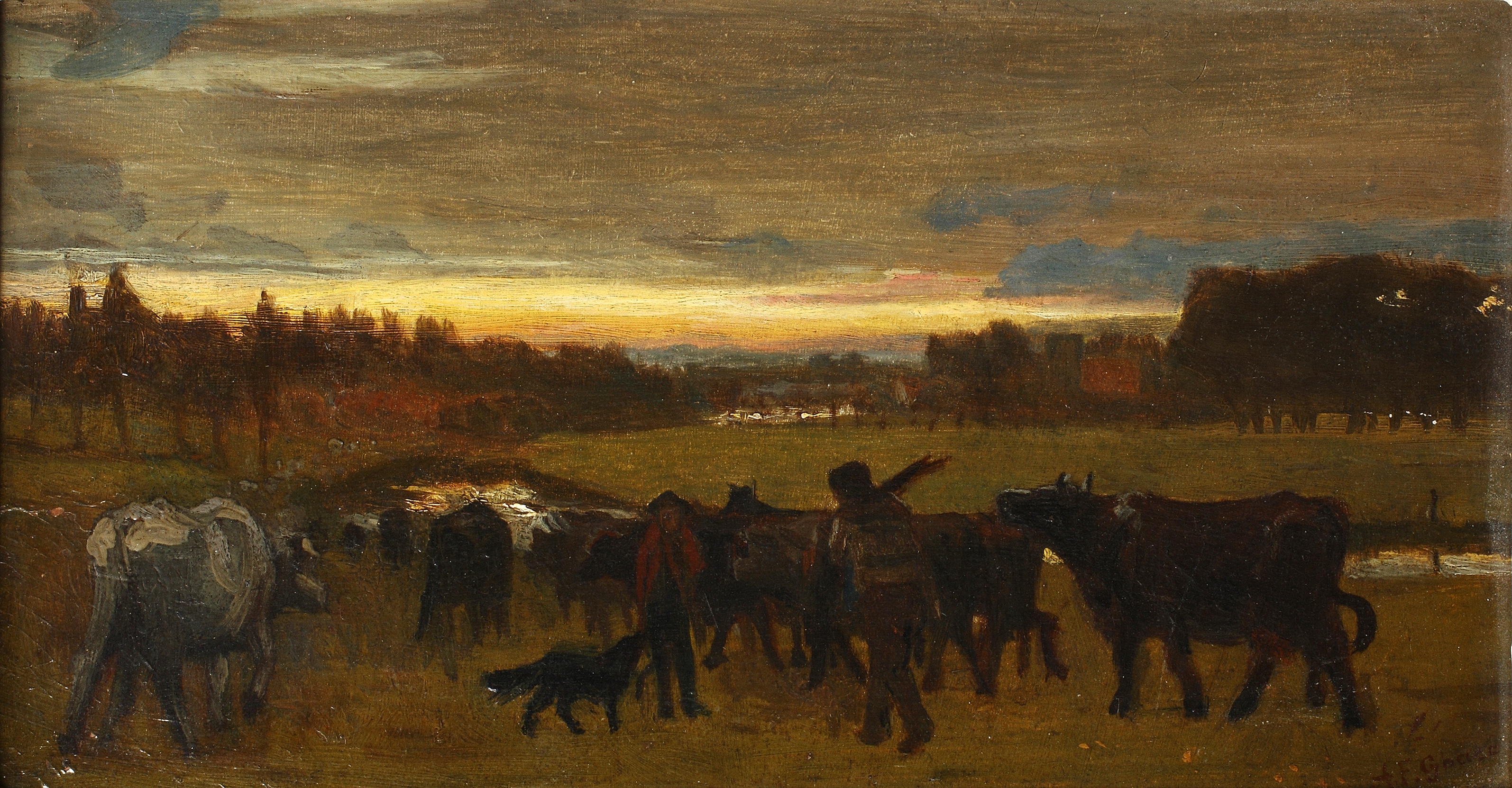 Artwork by Alfred Fitzwalter Grace, Figures herding cattle in  meadow at sunset, Made of Oil on board