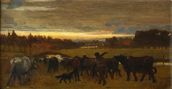 Figures herding cattle in  meadow at sunset - Alfred Fitzwalter Grace