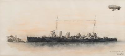Artwork by Able Seaman Engleman, HMS Broke, Dover, Made of watercolour, pen and ink drawing