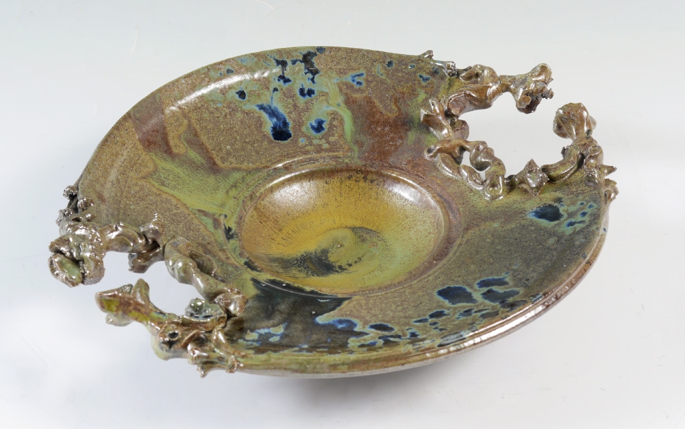 Don Reitz | Clay pottery charger with abstract open handles, salt ...