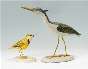 Pair ernest steck shorebird decoy carvings: Heron; Plover - Ernest Steck