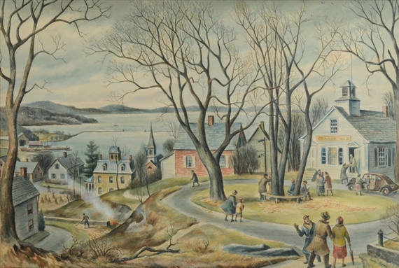 Village Lakeside Scene Depicting Grange No. 2 and Busy Town Activity by Dudley Morris