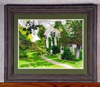 Finely painted to depict a summer landscape with stone house covered in ivy - Allida Paige Neilly
