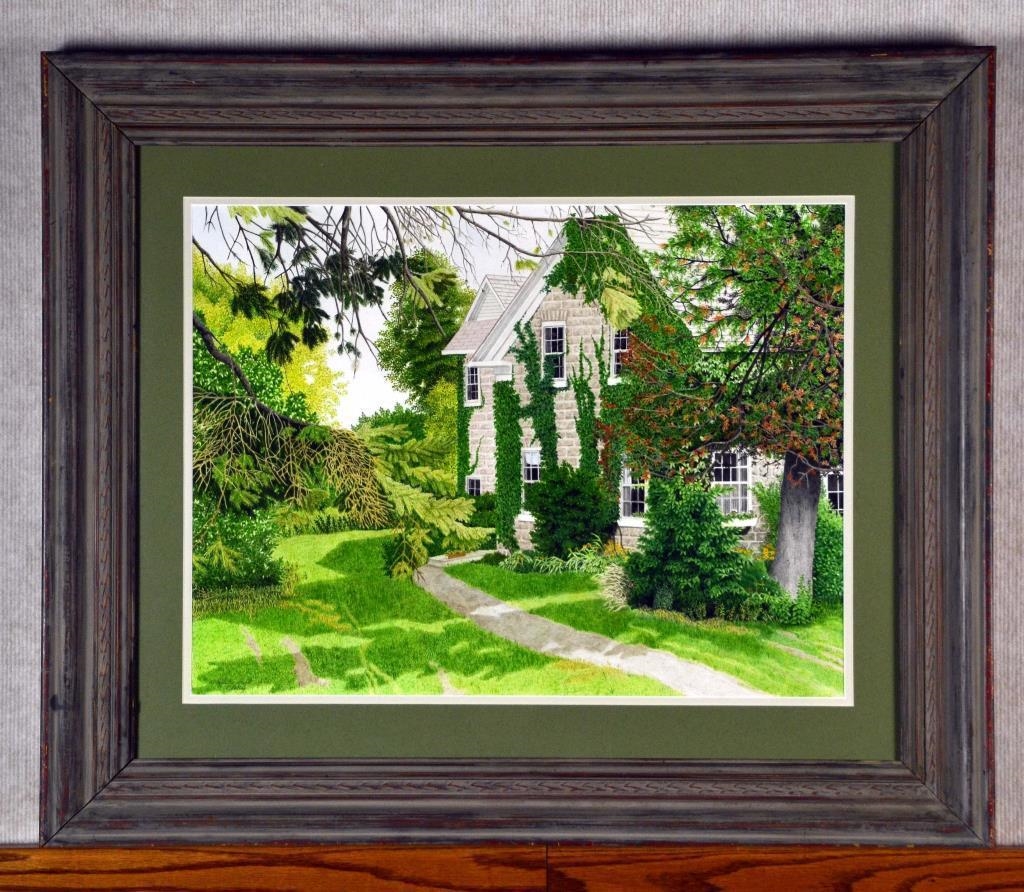 Artwork by Allida Paige Neilly, Finely painted to depict a summer landscape with stone house covered in ivy, Made of Watercolor Painting on Paper
