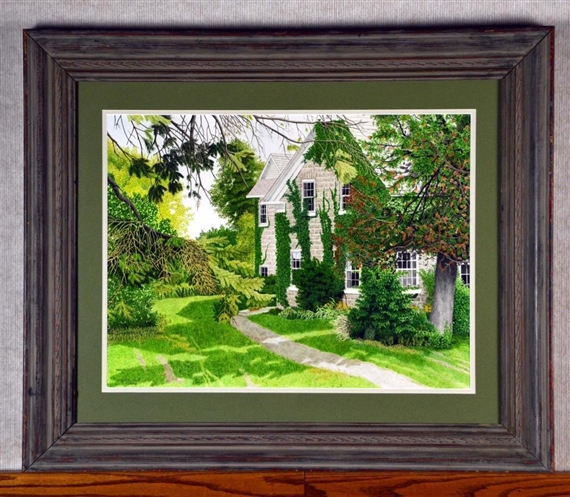Finely painted to depict a summer landscape with stone house covered in ivy - Allida Paige Neilly