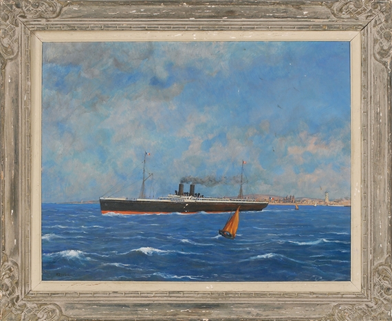 A black-hulled French cruise ship off the coast by Roger Deverin