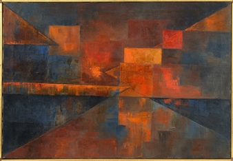 Geometric abstract in red, orange and blue - Eva Llorens Roca