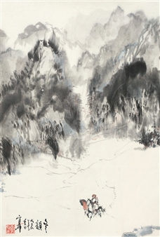 A minimalist ink wash painting of a lone figure riding through misty mountains.