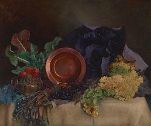 Artwork by Asta Nørregaard, Oppstilling med kobberfat, grønnsaker og frukt, Made of Oil on canvas