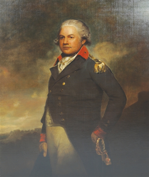 Robert Home | A portrait of Sir Robert Rollo Gillespie (1766-1814) wearing military uniform, Three quarter length, standing in a landscape, a hill-fort in the background | MutualArt