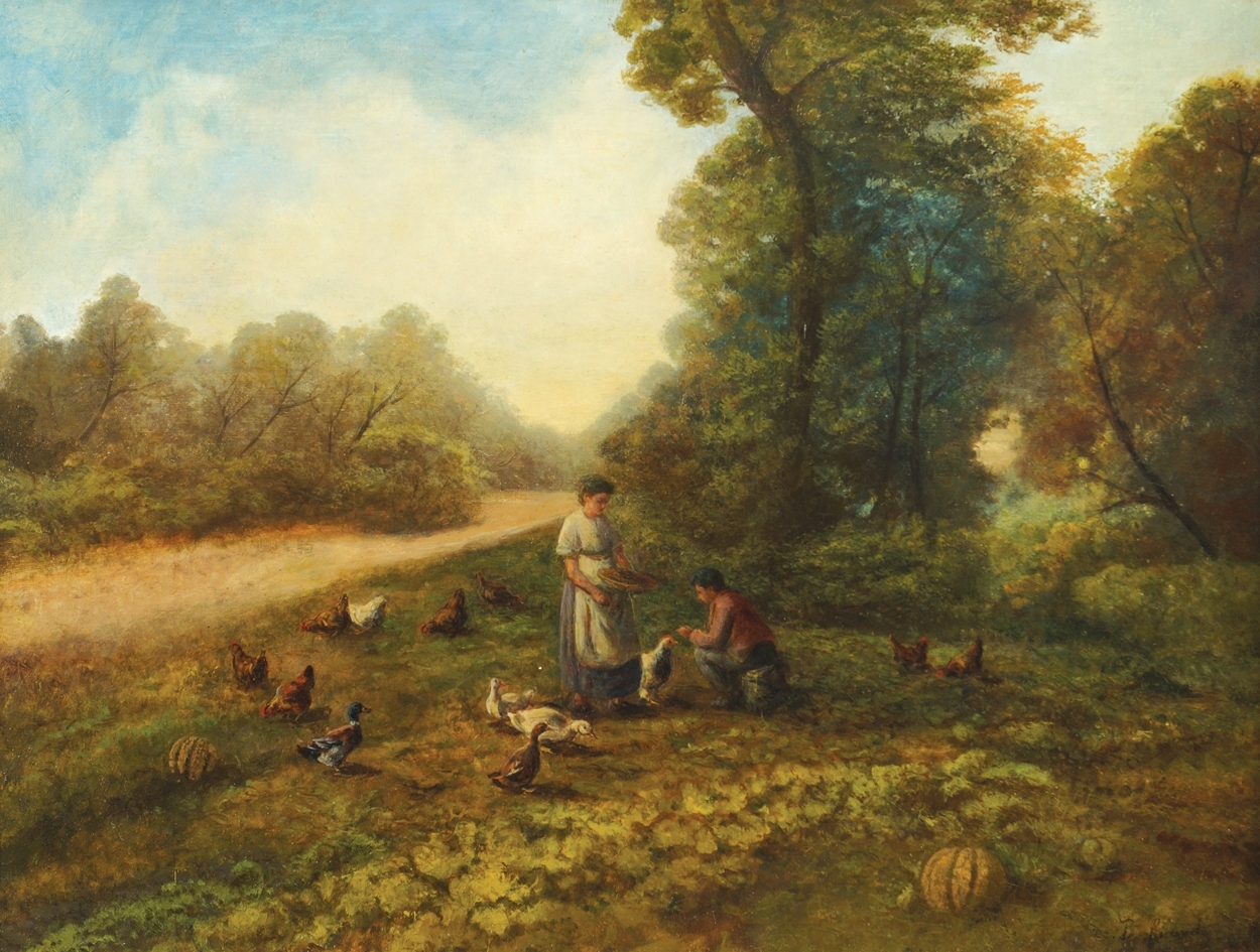 Artwork by D. B. Ricard, Feeding the chickens, Made of Oil on canvas
