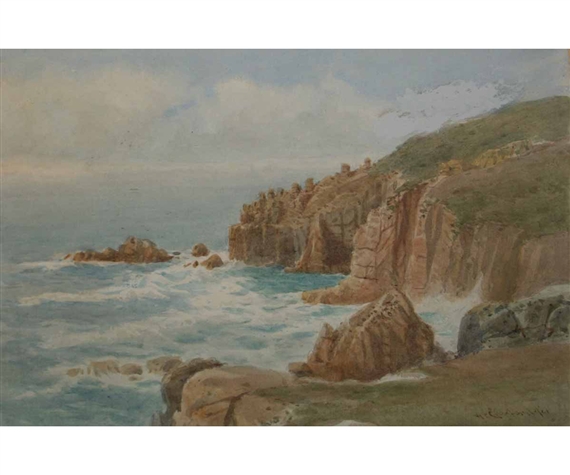 A seascape painting of a rugged coastline with crashing waves and rocky cliffs.