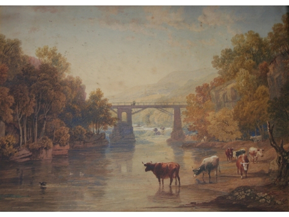 Cattle on a Riverbank by a Stone Bridge by Henry Gastineau