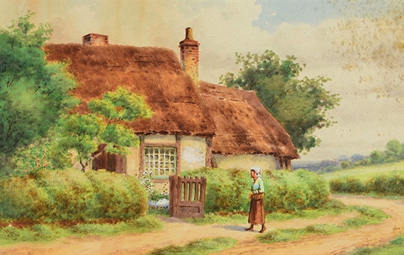 A figure approaching an open gate to a thatched cottage by John Henry Mole