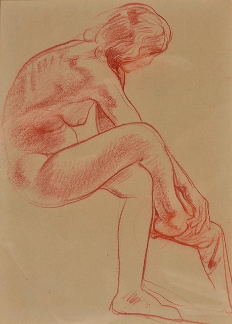 Artwork by Edward Charles Moore, A seated nude tending to her stockinged foot, Made of sepia chalk drawing