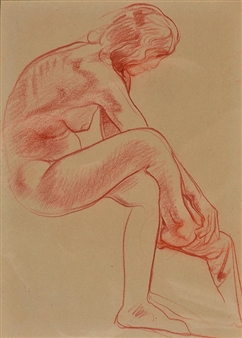 A seated nude tending to her stockinged foot - Edward Charles Moore