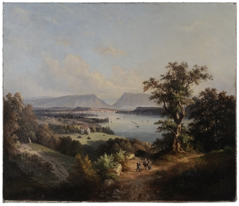 River Landscape Paddle Steamer and Town Travelers on a Path - B. Hess