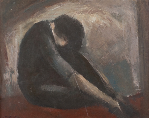 A solitary figure in shadow, huddled in a dimly lit space.
