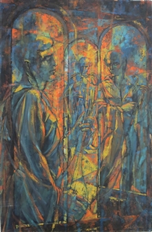 Three men in robes playing instruments - Rodney Cofran