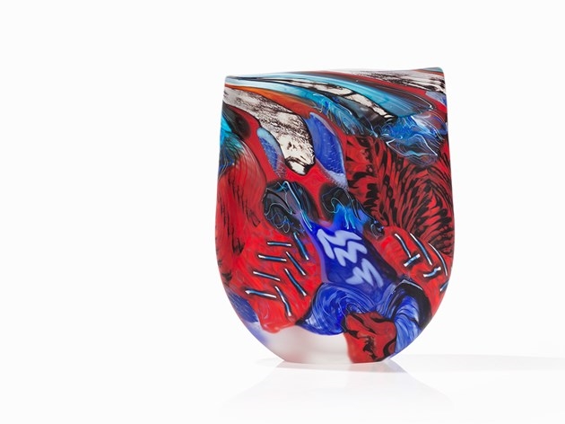 Artwork by Noel Hart, Glass Vase ‘Crimson Lowry’, Made of Transparent blown glass with colored glass overlays