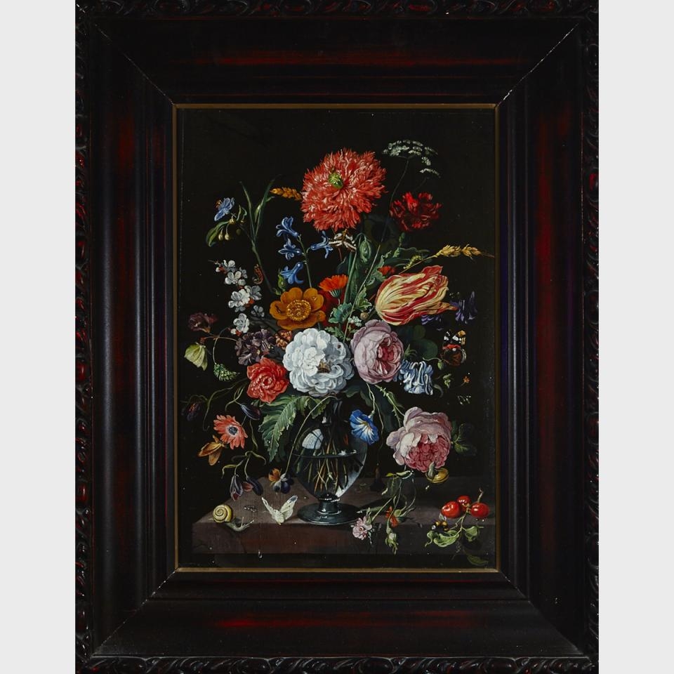 Jacob van Walscapelle GLASS VASE WITH PARROT TULIP, MORNING GLORIES, PANSY AND OTHER FLOWERS