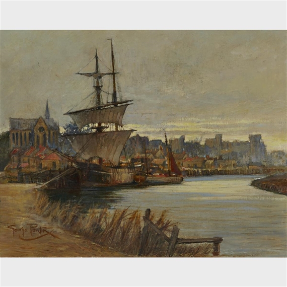 BOATS AT REST IN A CITY HARBOUR by George Pontin