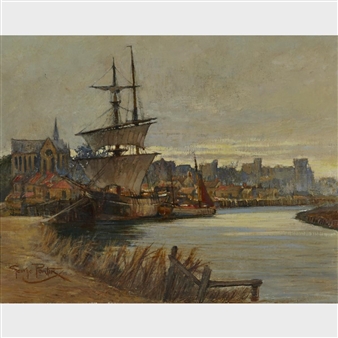 BOATS AT REST IN A CITY HARBOUR - George Pontin