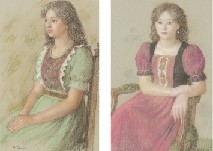 a set of 2; Girl with Green Dress; Girl with Red Dress - Hiroyuki Tokuda