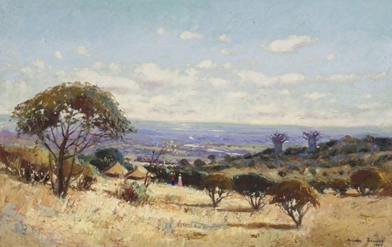 Northern Transvaal Landscape with African Kraal, Figures and Distant Baobabs by Willem Boshoff, 1956