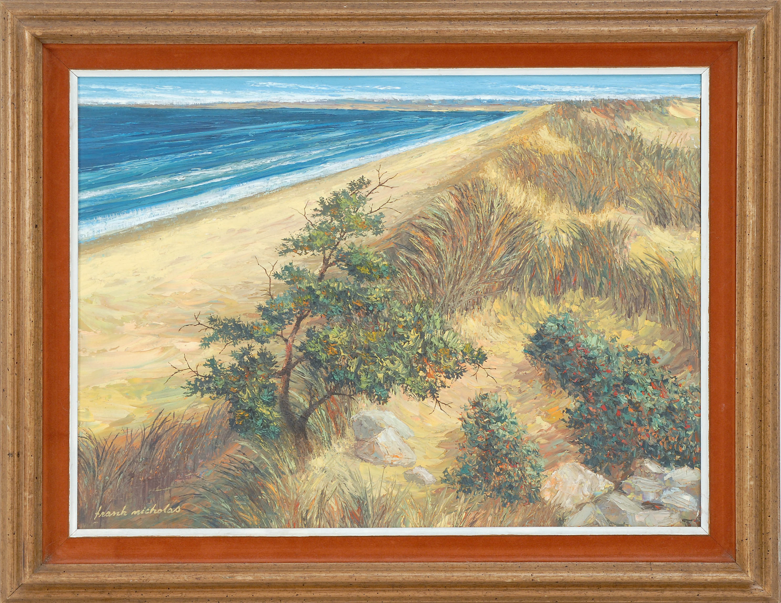 Artwork by Frank Cardozo Nicholas, A Curving Coast, Likely Cape Cod, Made of Oil on masonite