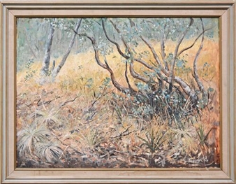 A landscape painting of a sunlit woodland scene with gnarled trees and dry undergrowth.
