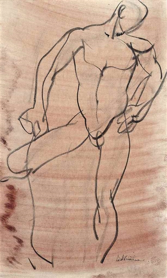Standing man with twisted stick (illustrated); Figure studies of a seated and standing man; and Two studies of a man holding his left arm by Ivon Hitchens, 1967