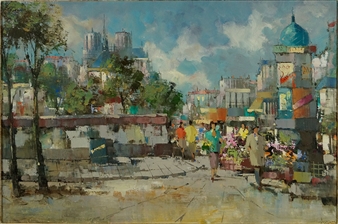 A vibrant street scene painting featuring a bustling market with figures and colorful stalls.