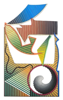 A vibrant abstract composition featuring bold geometric shapes and a spiral motif.