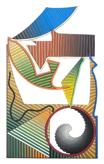 A vibrant abstract composition featuring bold geometric shapes and a spiral motif.