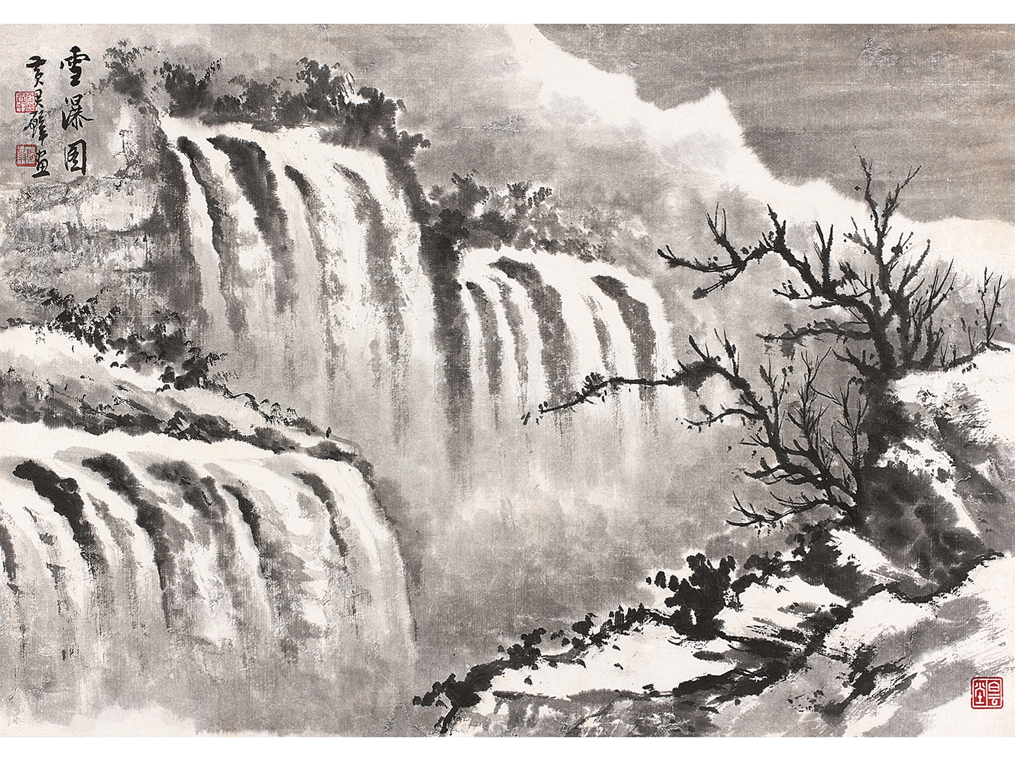 Waterfall and snow mountain by Huang Junbi