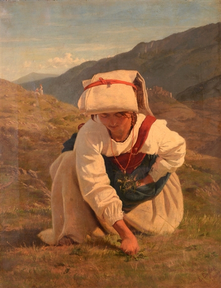 Girl Picking Flowers by Edmund Eagles, 1857