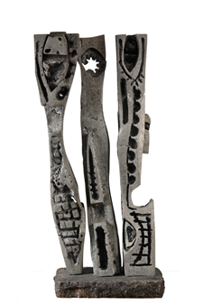 Three Figures, cast aluminum in five parts, set on pins on rough-hewn stone base - Cabot Lyford