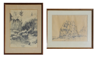 2 Works: Clipper Ship & Landscape with Stream - J. Merick