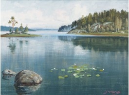 A serene landscape painting of a calm lake reflecting distant tree-covered hills and floating lily pads.