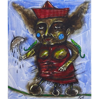 Untitled (jester with umbrella and crocodiles) - Carlos Cesar Roman