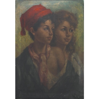 PORTRAIT OF PEASANT BOY WITH RED TOQUE AND YOUNG GIRL - Ferruccio Vitale