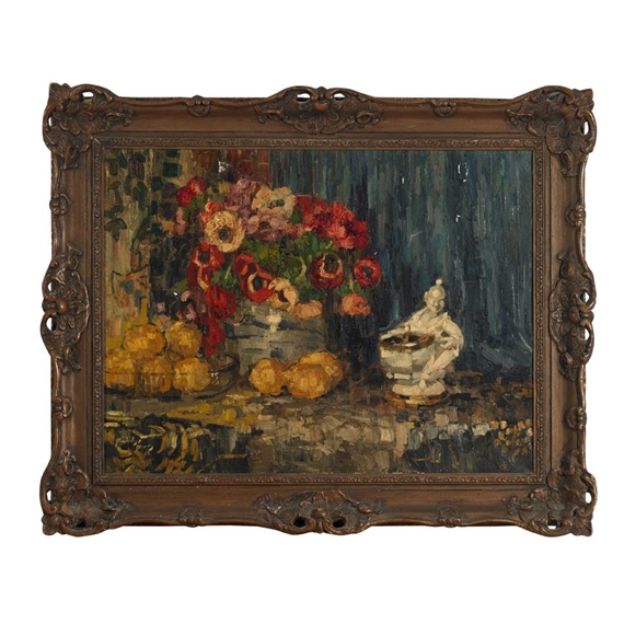 STILL LIFE OF FLOWERS, FRUIT AND FIGURINE ON A LEDGE by Herman Courtens