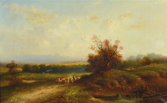 wide autumnal landscape withflock ofsheep, farmer burning the straw, walkers and two anglers on the bridge, inthe background avillage - J. Eglmann