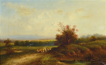 wide autumnal landscape withflock ofsheep, farmer burning the straw, walkers and two anglers on the bridge, inthe background avillage - J. Eglmann