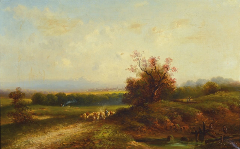 Artwork by J. Eglmann, wide autumnal landscape withflock ofsheep, farmer burning the straw, walkers and two anglers on the bridge, inthe background avillage, Made of oil / canvas