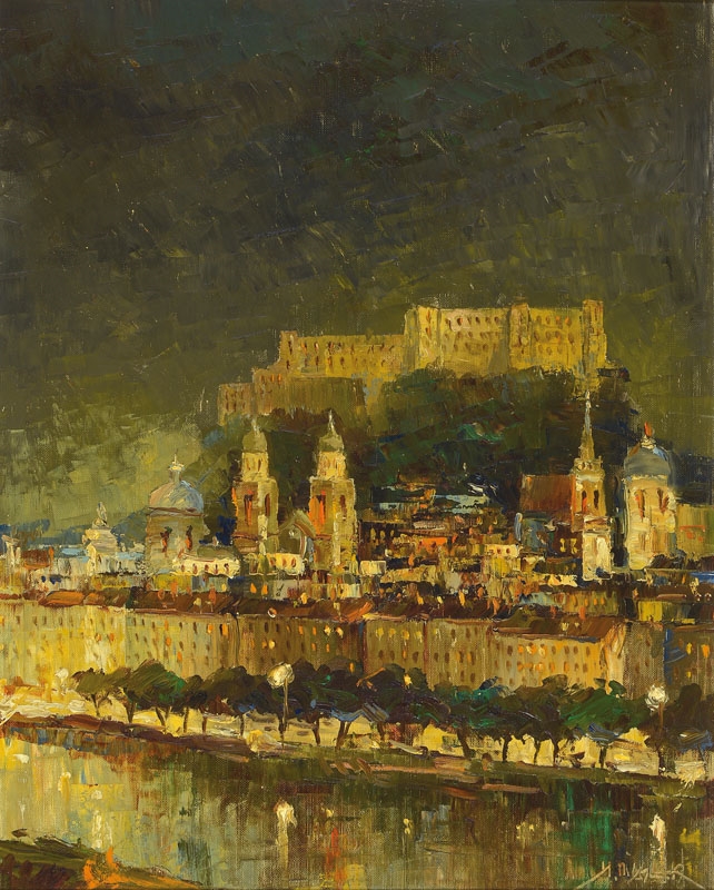 Artwork by H. Mimmler, Panorama of Salzburg,beautiful play of light in water, evening partly primed, Made of oil / canvas