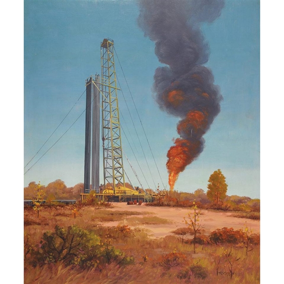 Workers on an oil rig by Roland Gissing